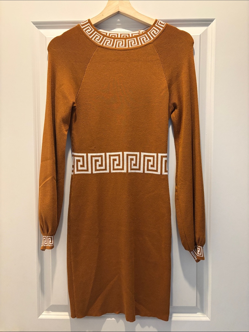 Long-Sleeve Rust Knit Dress with White Greek Key Accents